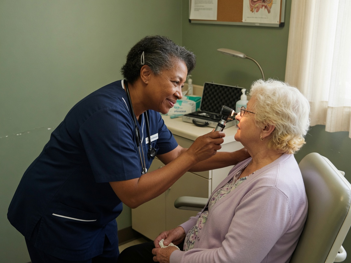 Clinician examining a patient’s ear with an otoscope in a quiet clinic room